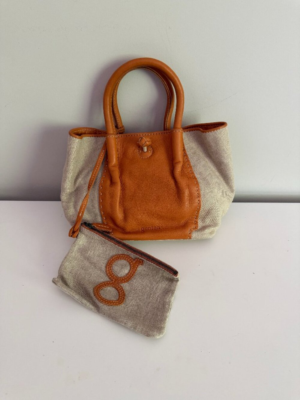 Genten Japanese Linen & Leather Mini Tote Bag + Matching Pouch